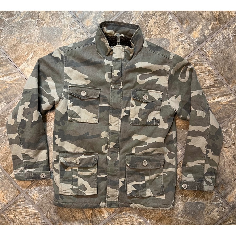 Faded Glory Field Jacket Mens Small Green Camo Sherpa Lined Utility Y2K